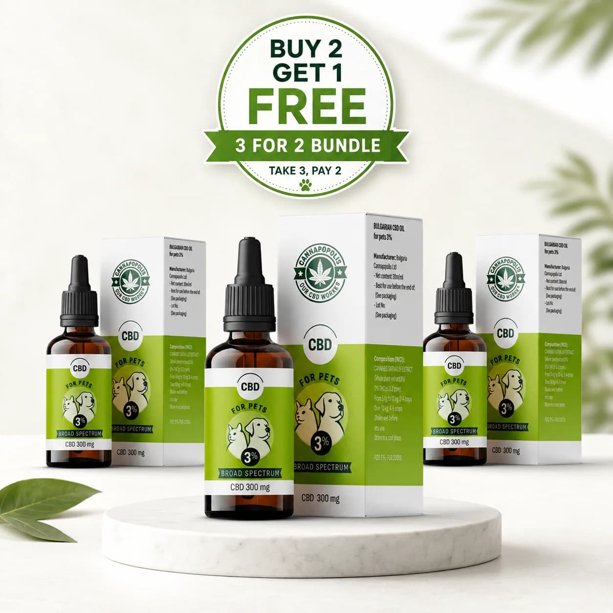 3 voor de prijs van 2 CBD olie 3% Cannapopolis voor dieren bundel Cannapopolis